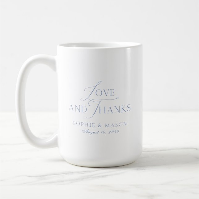 Dusty Blue Love and Thanks Wedding Mug (Left)