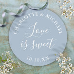 Dusty Blue Love Is Sweet Wedding Favor Classic Round Sticker<br><div class="desc">Dusty blue wedding favor love is sweet classic round sticker. Designed by Thisisnotme©</div>