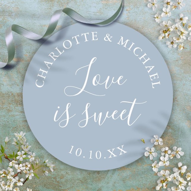 Dusty Blue Love Is Sweet Wedding Favor Classic Round Sticker (Dusty Blue Love Is Sweet Wedding Favor Classic Round Sticker)