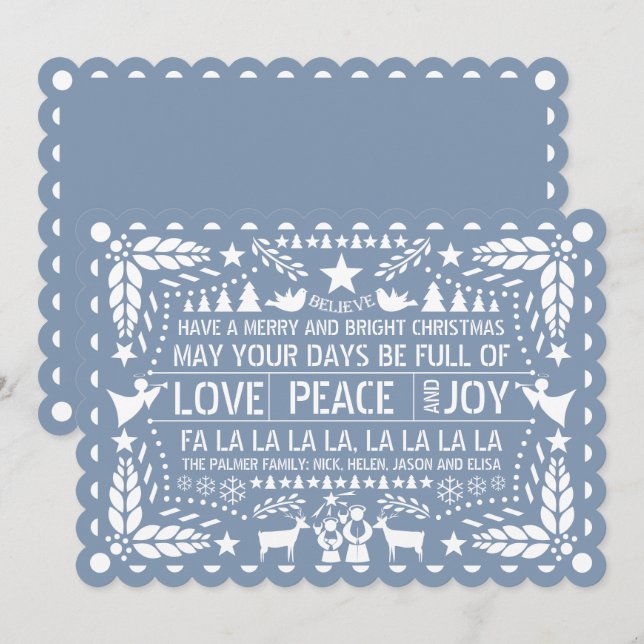 Dusty blue Love Peace Joy papel picado Christmas H Holiday Card (Front/Back)