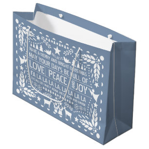 Dusty blue Love Peace Joy papel picado Christmas Large Gift Bag
