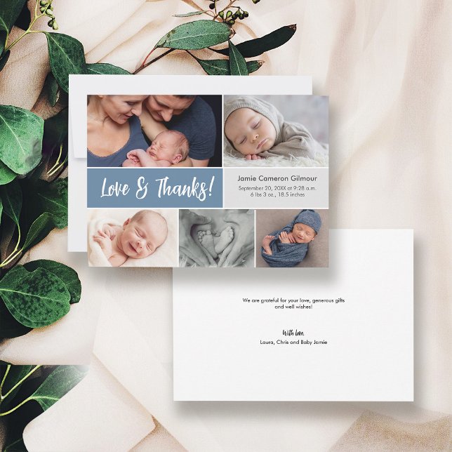 Dusty Blue Love & Thanks Multi Photos Baby Shower  Thank You Card (Love and thanks front and back sides of dusty blue birth announcement thank you card.)