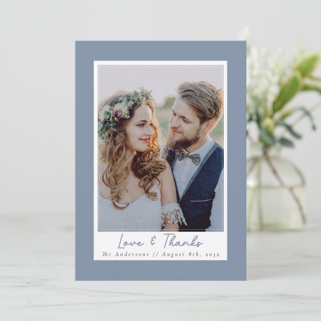 Dusty Blue Love & Thanks Photo Wedding Thank You Card (Standing Front)
