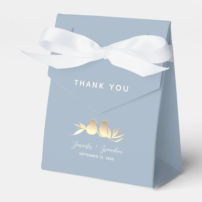 Dusty Blue Lovebirds Wedding Favour Box (Front Side)