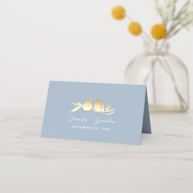Dusty Blue Lovebirds Wedding Place Card (Back)