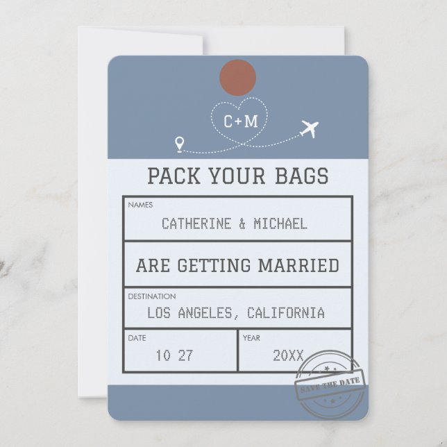 Dusty Blue Luggage Tag Save The Date (Front)