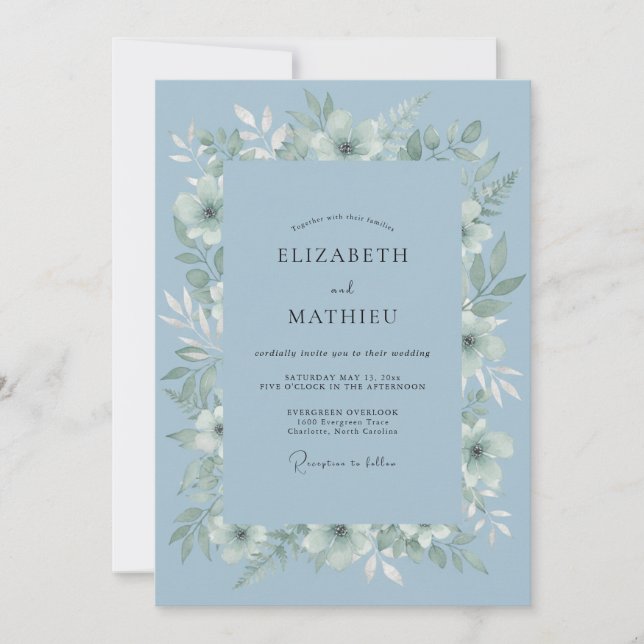 Dusty Blue Luminous Botanical Wedding Invitation (Front)
