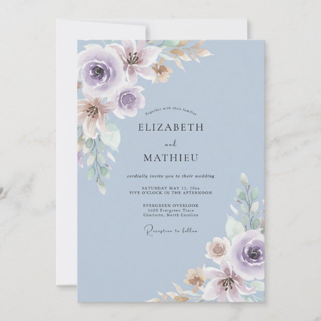 Dusty Blue Lush Blossom Wedding Invitation (Front)