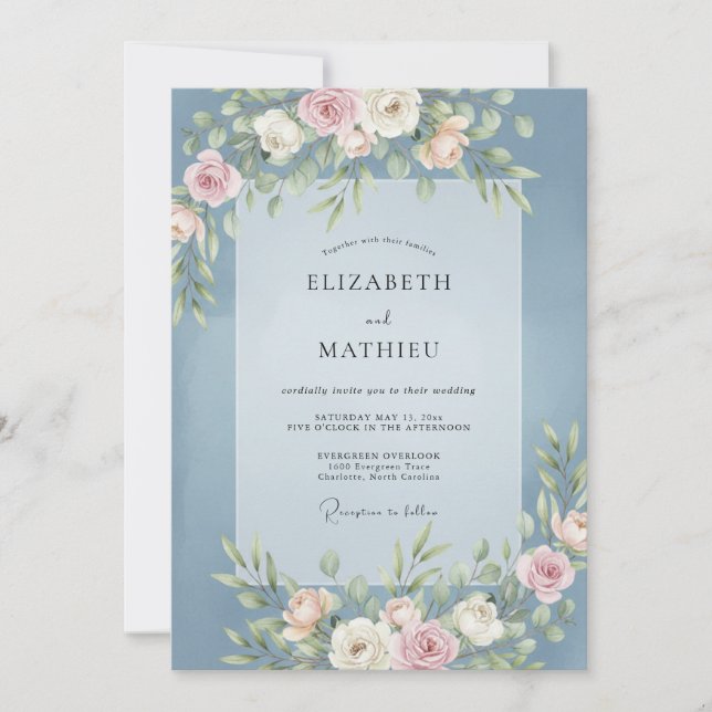 Dusty Blue Lush Meadow Wedding Invitation (Front)