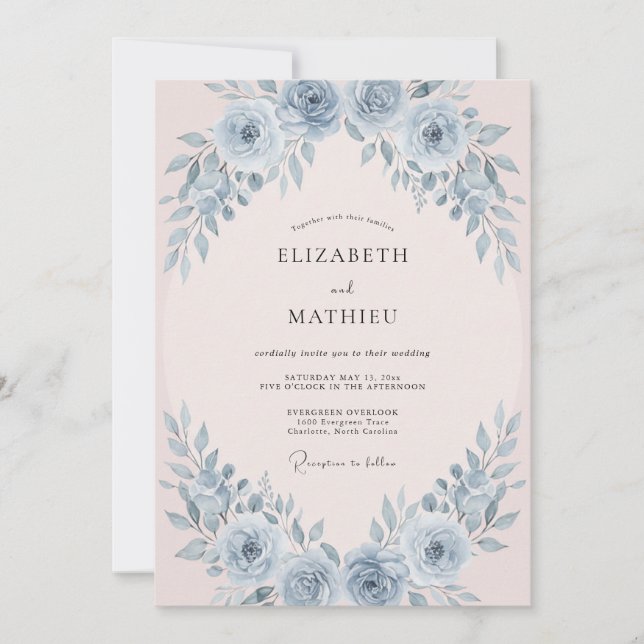 Dusty Blue Lush Springtime Wedding Invitation (Front)