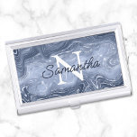 Dusty Blue Luxury Agate Glam Monogram Business Card Holder<br><div class="desc">Create your own black and white monogrammed modern minimalist business card case.
Modern monoline style script for her name over a more classic style monogram font.
The background features a faux greyish and dusty blue sparkly glitter,  marbled foil agate strata digital art that prints like a photo.</div>