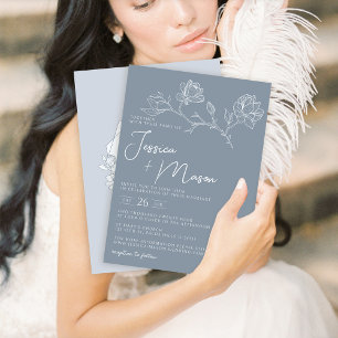 Dusty blue magnolia minimalist wedding invitation