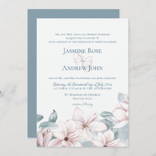Dusty Blue Magnolias Elegant Spring Wedding Invitation