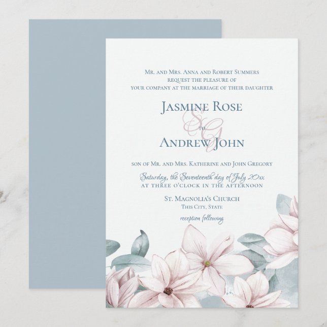 Dusty Blue Magnolias Elegant Spring Wedding Invitation (Front/Back)