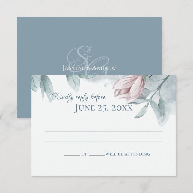 Dusty Blue Magnolias Elegant Wedding Response Invitation (Front/Back)