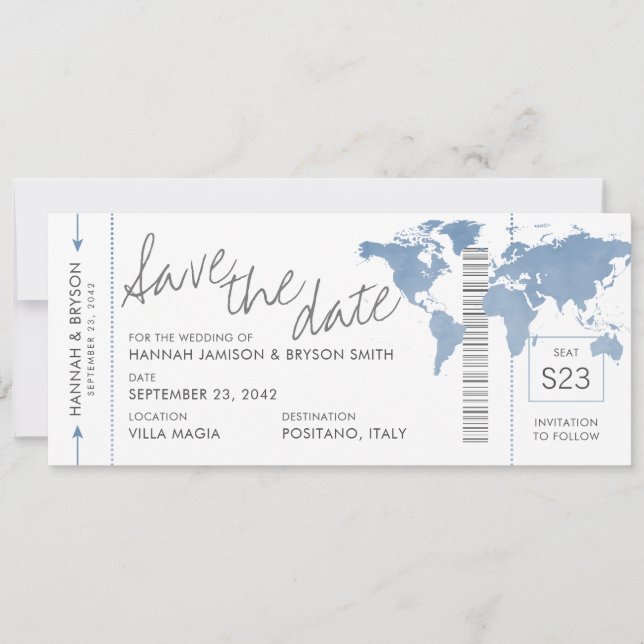 Dusty Blue Map Boarding Pass Ticket Save the Date (Front)