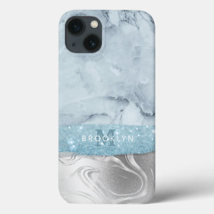 Dusty Blue Marble Glitter Silver Name Monogrammed iPhone 13 Case