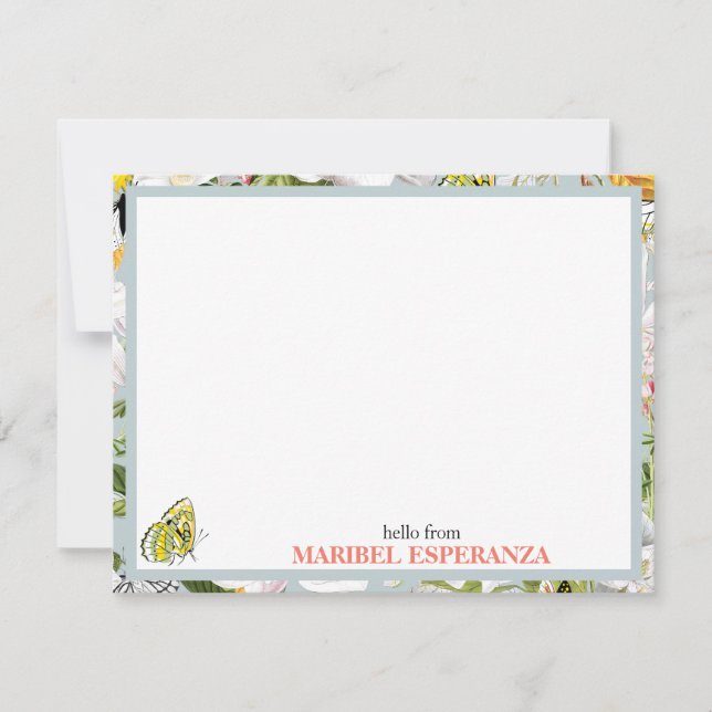 Dusty Blue Mariposa Personalised Flat Note Card (Front)