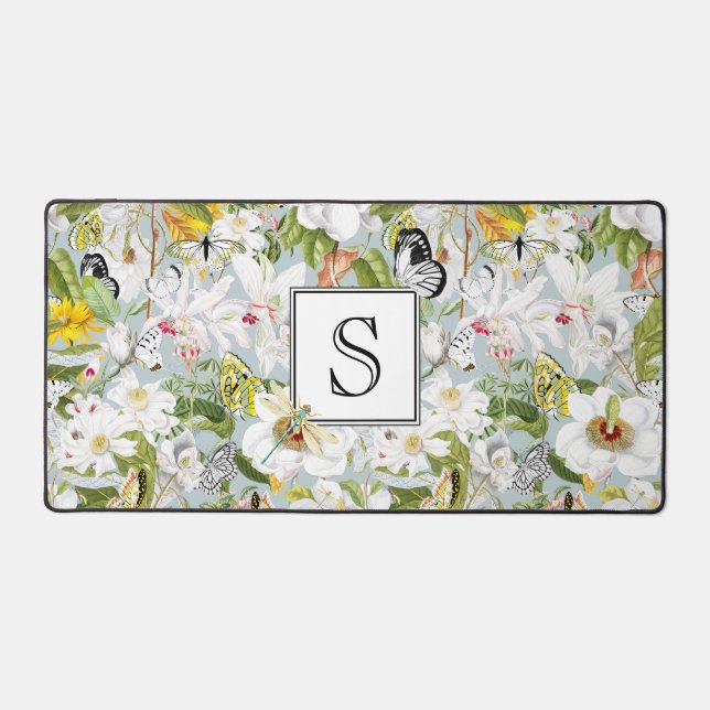 Dusty Blue Mariposa Vintage Monogrammed Desk Mat (Front)