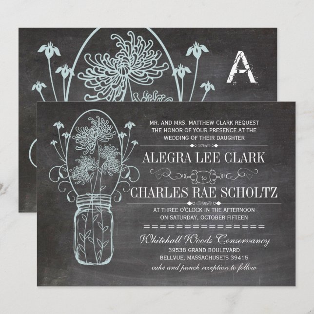 Dusty Blue Mason Jar Chalkboard Wedding Invitation (Front/Back)