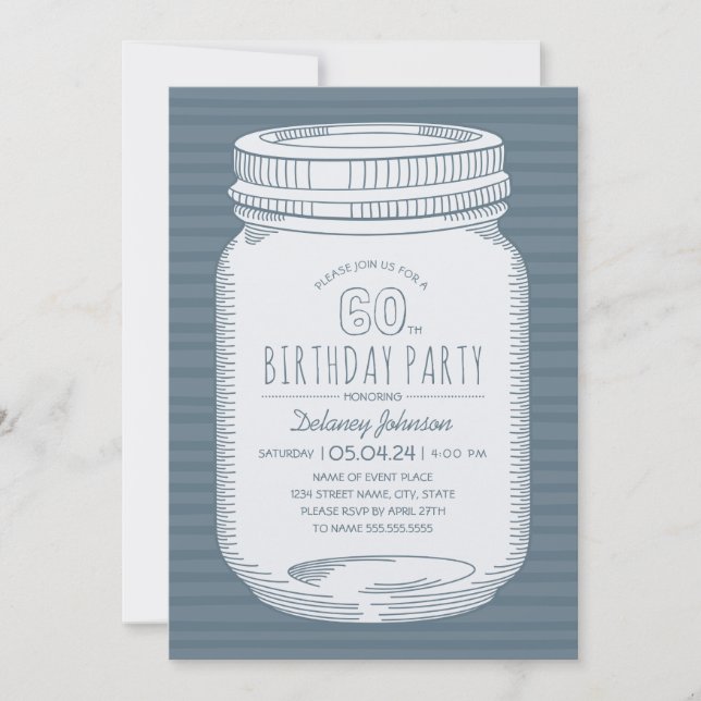 Dusty Blue Mason Jar Rustic 60th Birthday Party Invitation (Front)
