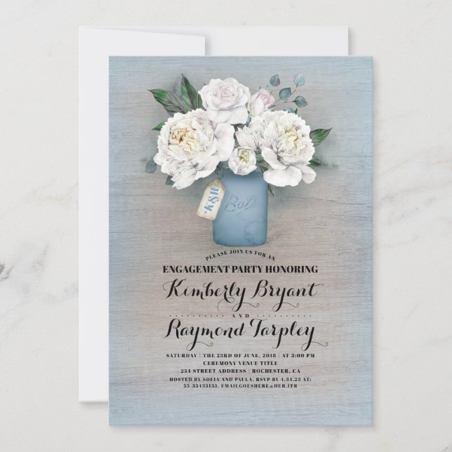 Dusty Blue Mason Jar Rustic Engagement Party Invitation (Front)