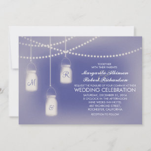 Dusty Blue Mason Jar Rustic Lights Wedding Invitation