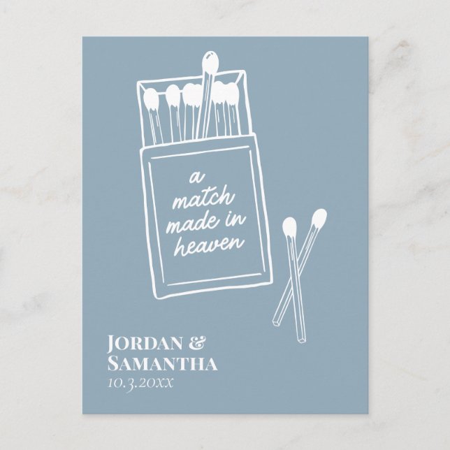 Dusty Blue Match Made in Heaven Save the Date Postcard (Front)