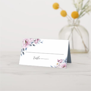 Dusty Blue Mauve Botanical Floral Wedding Place Card