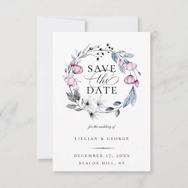 Dusty Blue Mauve Botanical Save The Date Announcement (Front)