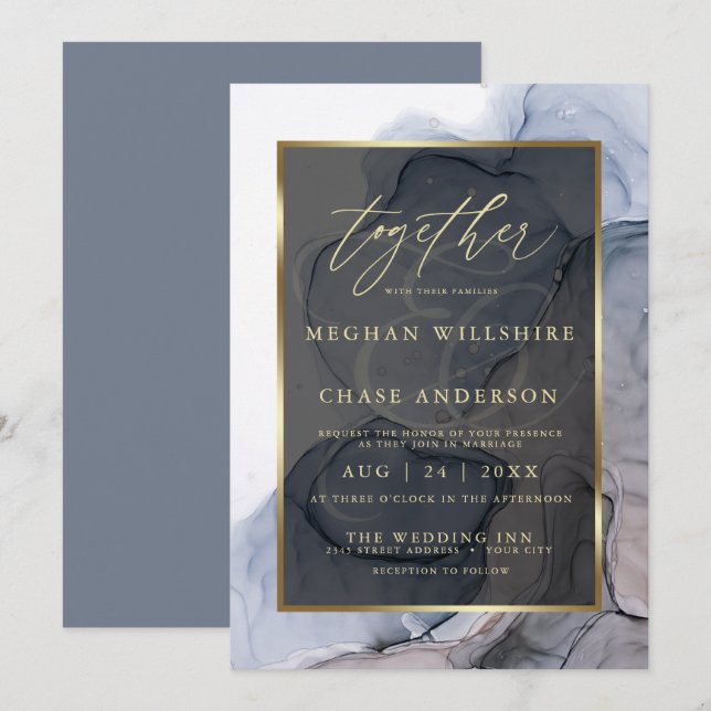 Dusty Blue Mauve Elegant Alcohol Ink Invitation (Front/Back)