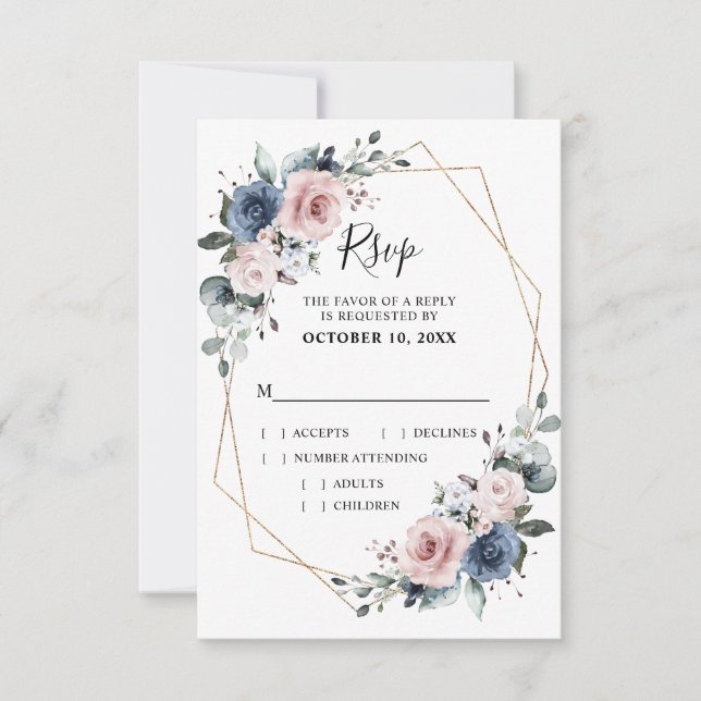 Dusty Blue Mauve Eucalyptus Geometric Wedding RSVP Card (Front)