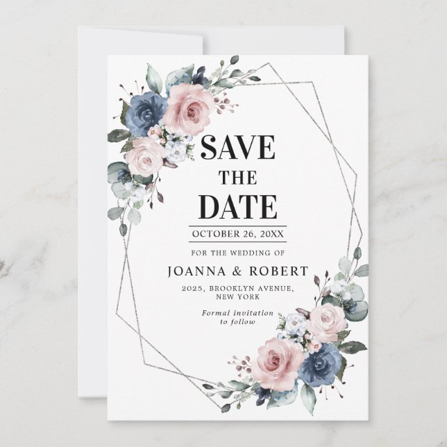 Dusty Blue Mauve Eucalyptus Geometric Wedding Save The Date (Front)
