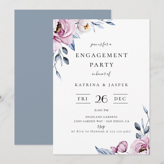 Dusty Blue Mauve Floral Engagement Party Invitation (Front/Back)