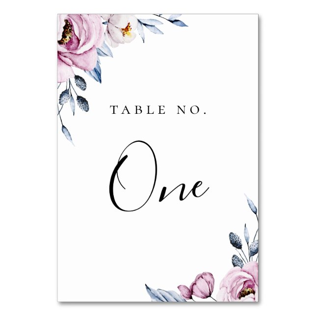 Dusty Blue Mauve Floral Frame Table Number (Front)