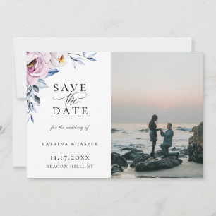Dusty Blue Mauve Floral Photo Save The Date Announcement