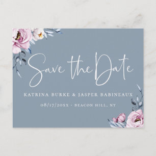Dusty Blue Mauve Floral Save the Date Announcement Postcard