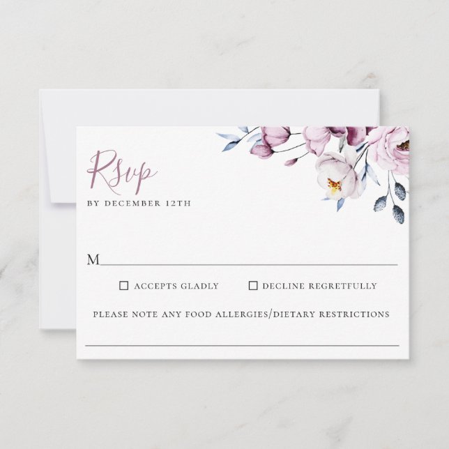 Dusty Blue Mauve Floral Wedding Food Allergy RSVP (Front)