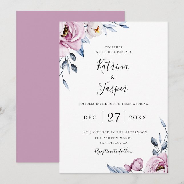 Dusty Blue Mauve Floral Wedding Invitation (Front/Back)