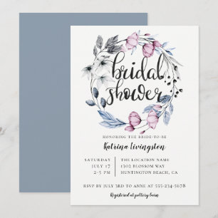 Dusty Blue Mauve Floral Wreath Bridal Shower Invitation