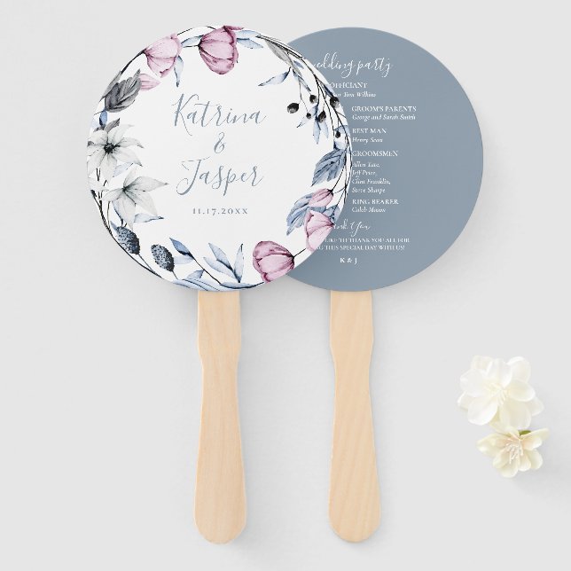 Dusty Blue Mauve Floral Wreath Wedding Hand Fan (Front and Back)