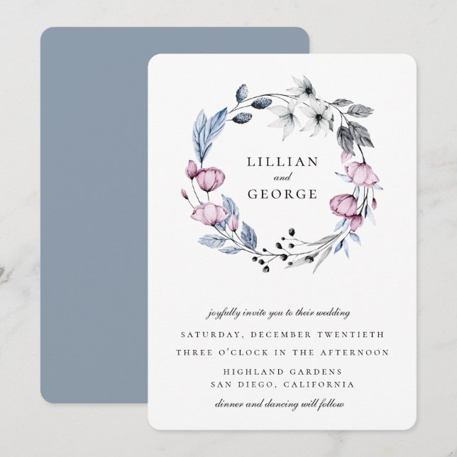 Dusty Blue Mauve Floral Wreath Wedding Invitation (Front/Back)