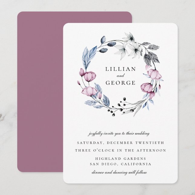 Dusty Blue Mauve Floral Wreath Wedding Invitation (Front/Back)