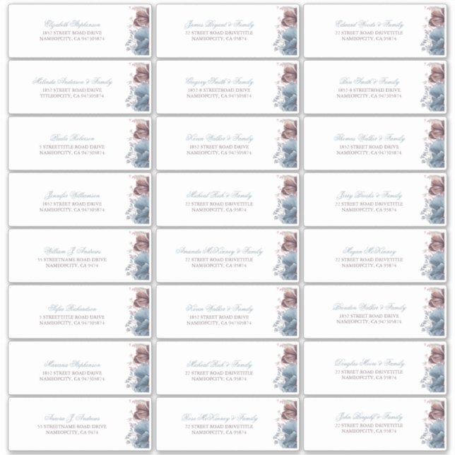 Dusty Blue Mauve Flowers Guest Names Address Label (Front)