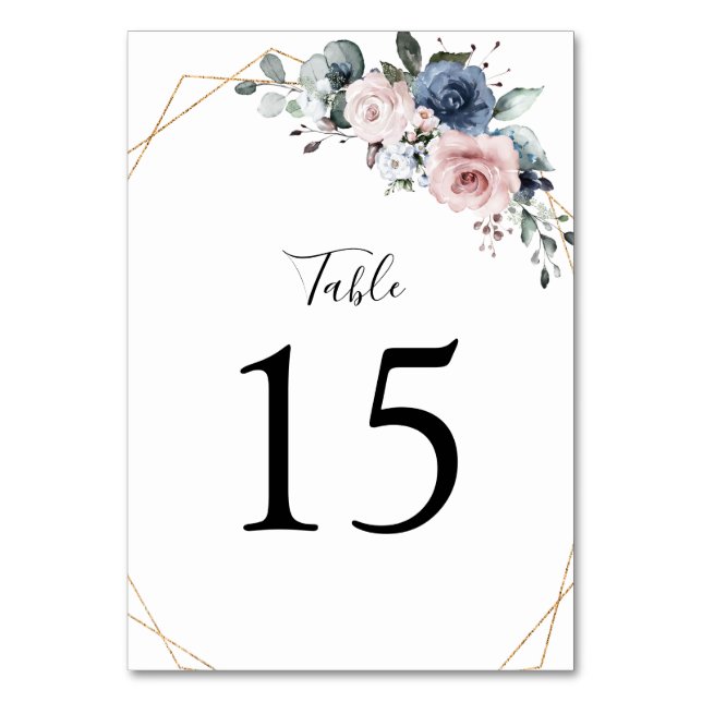 Dusty Blue Mauve Greenery Floral Geometric Table Number (Front)