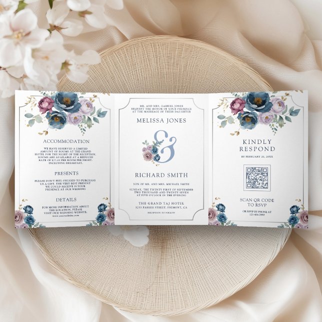 Dusty Blue Mauve Purple Floral Ampersand Wedding Tri-Fold Invitation (Creator Uploaded)