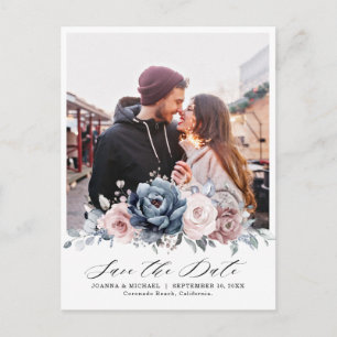 Dusty Blue Mauve Rose Photo Floral Save the Date Postcard