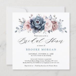 Dusty Blue Mauve Rose Pink Slate  Bridal Shower    Invitation
