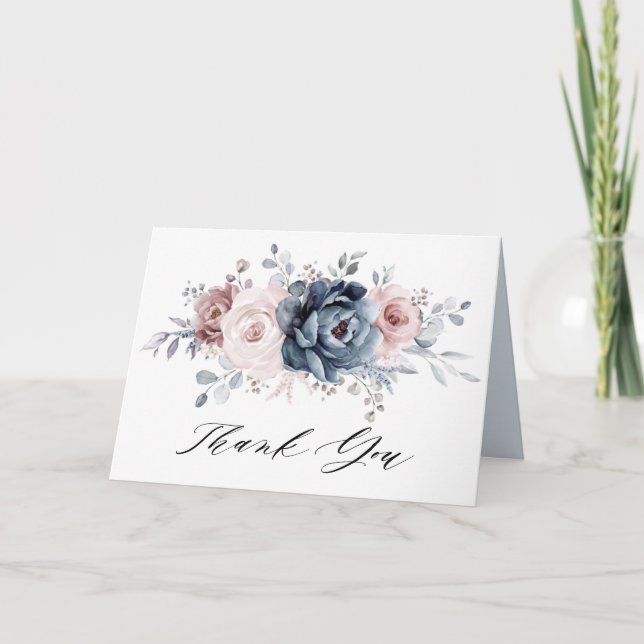 Dusty Blue Mauve Rose Pink Slate Bridal Shower Tha Thank You Card (Front)