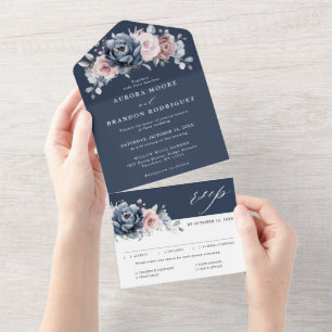 Dusty Blue Mauve Rose Pink Slate Floral Wedding  All In One Invitation